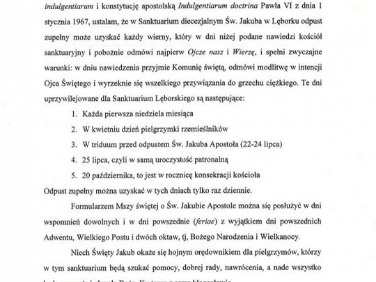 Dekret Biskupa Pelplińskiego o dopustach dla Sanktuarium Św. Jakuba w Lęborku